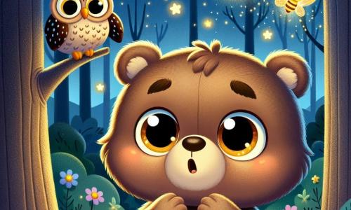 Un piccolo orsetto di nome Bruno, con un morbido pelo marrone e occhi rotondi brillanti di curiosità, si trova in una foresta oscura ma magica, guardando incantato verso il cielo stellato. Accanto a lui, una lucciola luminosa vola gioiosamente, illuminando il suo viso con una dolce luce. Un gufo saggio, posato su un ramo, osserva la scena con calma. La foresta è avvolta in una leggera nebbia notturna, con alberi dai tronchi spessi e foglie verde scuro, mentre fiori colorati e lucciole scintillanti aggiungono un tocco di magia. Bruno, un po' nervoso ma curioso, scopre la bellezza della notte per la prima volta, circondato dai suoi amici luminosi, rendendosi conto che l'oscurità può essere affascinante e piena di sorprese.