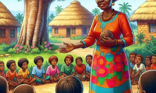 In het midden van de afbeelding staat Mama Zuri, een vrouw van ongeveer 60 jaar, met een zachte en wijze uitdrukking op haar gezicht. Ze draagt een kleurrijke Afrikaanse jurk met levendige patronen en een traditionele hoofddoek. Haar ogen stralen vriendelijkheid uit terwijl ze een hand opsteekt om de dorpelingen te kalmeren. Rechts van haar staat Kofi, een man van in de veertig, met een bezorgde blik en gefronste wenkbrauwen. Hij draagt een eenvoudige shirt en een broek van canvas, en staat iets naar voren, klaar om zich uit te drukken met gekruiste armen. Op de achtergrond zitten verschillende kinderen, jongens en meisjes van 8 tot 12 jaar, in een cirkel met opgewonden gezichten. Ze houden kleurrijke knikkers in hun handen, klaar om deel te nemen aan de competitie. De scène speelt zich af in een pittoresk Afrikaans dorp met lemen huizen met rieten daken, omringd door weelderig groen. De grond is van aarde, en een grote baobab staat majestueus op de achtergrond en biedt schaduw aan de dorpelingen. Mama Zuri stelt een spel voor om de ruzie tussen de dorpelingen op te lossen, terwijl de kinderen enthousiast en energiek klaarstaan om te spelen, wat een sfeer van kameraadschap en vreugde creëert.