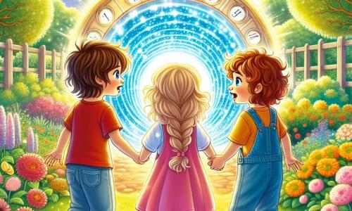 In einem sonnigen Garten sind drei Kinder versammelt für ein unglaubliches Abenteuer. Max, ein vierjähriger Junge mit zerzausten braunen Haaren und einem roten T-Shirt, schaut staunend auf einen glitzernden Tunnel vor sich. Rechts von ihm zeigt Mia, ein vierjähriges Mädchen mit langen, geflochtenen blonden Haaren und einem rosa Kleid, mit einem breiten Lächeln auf den Tunnel. Links steht Emma, ein weiteres vierjähriges Mädchen mit lockigen kastanienbraunen Haaren in einer blauen Latzhose, die neugierig auf den Tunnel zugeht. Der Garten ist voller bunter Blumen, grüner Bäume und einem gut gepflegten Rasen, während ein hellblauer Himmel mit einigen flauschigen weißen Wolken über ihnen schwebt. Die Hauptsituation zeigt die Kinder, Hand in Hand, bereit, in den magischen Tunnel einzutreten, der in tausend Farben leuchtet und ihre Zeitreise symbolisiert. Lichtstrahlen strömen aus dem Tunnel und schaffen eine märchenhafte Atmosphäre voller Versprechungen für kommende Abenteuer.