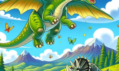 Ein großer Diplodocus namens Diplo mit einem eleganten langen Hals und einer grünen Haut, die mit gelben Flecken übersät ist, schwebt fröhlich in der Luft, ein breites Lächeln auf seinem Gesicht, das Wunder und Freude ausdrückt. Neben ihm läuft Tricera, ein Triceratops mit drei spitzen Hörnern und graugrüner Haut, überrascht mit weit aufgerissenen Augen und bewundert seinen fliegenden Freund. Die Szene spielt sich auf einem majestätischen, grünen Hügel ab, der mit bunten Blumen und üppigen Bäumen bedeckt ist, unter einem strahlend blauen Himmel mit einigen weißen, bauschigen Wolken. In der Ferne zeichnen sich Berge am Horizont ab, die die Schönheit der Landschaft unterstreichen. In dieser Hauptsituation schwebt Diplo in die Luft, unterstützt von einem mysteriösen, bunten Schmetterling, der um ihn herumflattert, während Tricera, fest am Boden verankert, ihn begeistert anfeuert und eine Atmosphäre von Kameradschaft und Freude schafft.