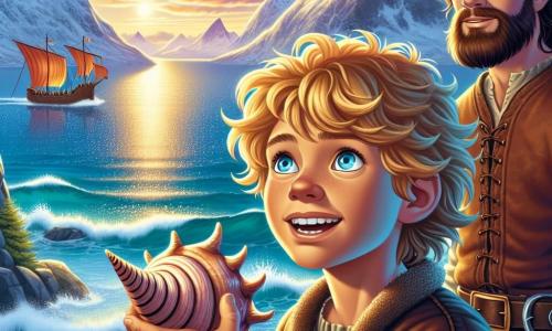 A young boy named Erik, around 10 years old, stands at the edge of a cliff overlooking a shimmering fjord. He has unruly curly golden hair and his eyes shine with excitement and determination. He holds a magical conch in his hand, ready to call the waves, his face illuminated by the setting sun reflecting on the water. Next to him, Bjorn, a sturdy man in his 30s with a thick beard and weathered features, watches Erik with a proud smile. He wears a leather tunic and light armor, standing firmly with his arms crossed, ready to support the young hero. In the background, the landscape is spectacular: majestic mountains with snowy peaks rise against a sky of vibrant colors, while the sails of longships appear on the horizon. The ocean waves crash against the rocks, creating a soothing melody. The main scene shows Erik, determined and brave, ready to blow into the magical conch to summon the forces of the sea, while Bjorn encourages him, prepared to assist in this fantastic adventure.