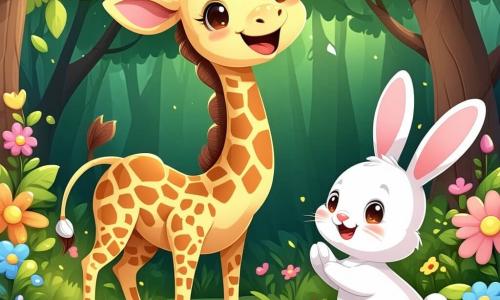 Una piccola giraffa di nome Gina, con un lungo collo macchiato di giallo e marrone, si trova felicemente al centro della scena, gli occhi brillanti di eccitazione. Sorride ampiamente, con le orecchie grandi in alto, mentre guarda i fiori colorati che iniziano a sbocciare intorno a lei. Accanto a lei, un coniglietto di nome Bobo, con il pelo bianco e le orecchie lunghe, salta con entusiasmo, gli occhi scintillanti di felicità. Un elefantino di nome Toto, con la pelle grigia e le grandi orecchie, si trova a sinistra, sorridendo e sollevando una zampa in aria, pronto ad applaudire. Sullo sfondo, un vecchio albero maestoso con foglie verdi e dorate si erge, mentre un cielo blu chiaro illumina tutto. La scena si svolge in un bosco magico, pieno di fiori brillanti e luce soffusa, dove regnano amicizia e gioia. Gina e i suoi amici celebrano il ritorno dei fiori, in un'atmosfera di felicità e magia.