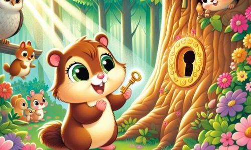 Una piccola marmotta di nome Mimi, con un pelame morbido e marrone, occhi brillanti di curiosità e un piccolo naso rosa, si trova davanti a un grande albero magico. Sembra meravigliata, con le zampe anteriori sollevate come se avesse appena scoperto un tesoro. Accanto a lei, il saggio gufo Gigi, con piume grigie e uno sguardo intelligente, è posato su un ramo, osservando Mimi con un sorriso benevolo. Il luogo è una foresta incantata, piena di fiori colorati e raggi di sole che filtrano tra le foglie verdi, creando un'atmosfera calda e accogliente. La scena principale mostra Mimi mentre inserisce una chiave dorata in una piccola serratura nascosta tra le radici dell'albero, pronta a scoprire il segreto che si cela, mentre animali curiosi, come scoiattoli e conigli, si radunano attorno a lei, impazienti di ascoltare le storie che seguiranno.