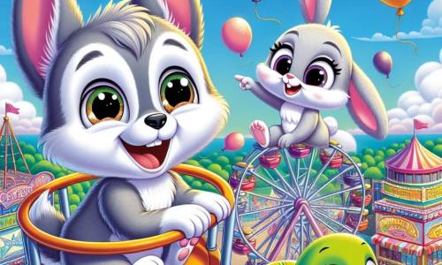 Lenny, a small wolf with bright eyes and soft gray fur, is perched at the top of a carnival wheel, displaying a big smile of excitement and determination. Next to him, Bella, a little rabbit with big ears and white fur, jumps for joy, her eyes sparkling with happiness as she points to the sky where colorful balloons float. Timmy, a turtle with a green shell and round eyes, stands below, looking up with admiration and a bit of worry, his little paws raised towards his friends. The setting is a lively carnival filled with colorful stalls, twinkling lights, and balloons floating in a clear blue sky. In the distance, children can be seen playing and laughing, while fluffy clouds drift by. The main scene shows Lenny and his friends in action, trying to catch the balloons flying away, with a joyful and adventurous atmosphere.