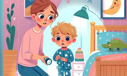 Een jongetje van 2 jaar, met grote nieuwsgierige ogen en rommelig blond haar, staat in zijn kamer met een bezorgde blik. Hij draagt een blauwe pyjama met witte sterren en houdt een kleine zaklamp in zijn handen, die voorzichtig een schaduw op de muur verlicht. Zijn moeder, een zachte vrouw van ongeveer 30 jaar met kastanjebruin haar in een knot en een troostende glimlach, knielt naast hem. Ze draagt een roze t-shirt en comfortabele broek en laat hem zien hoe het licht van de zaklamp de schaduw vermindert. De kamer is versierd met pastel muren, dinosaurussen posters en een houten bed met kleurrijke lakens. Een nachtlampje in de vorm van een maan straalt zachtjes op het nachtkastje en zorgt voor een warme sfeer. Het jongetje, met een angstige blik, ontdekt dat het licht van zijn zaklamp de enge schaduwen verandert in leuke vormen, zoals die van zijn teddybeer, wat hem helpt zijn angst voor het donker te overwinnen.