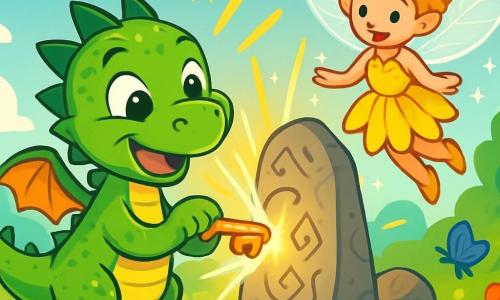 Lumo, ein kleiner Drache mit glänzenden grünen Schuppen, großen leuchtenden Augen und einem schelmischen Lächeln, steht im Mittelpunkt der Szene und hält einen kleinen goldenen Schlüssel in seinen Pfoten. Er ist voller Aufregung und Neugier, bereit, eine neue Welt zu entdecken. Rechts von ihm schwebt eine charmante Löwenzahn-Fee mit funkelnden Flügeln und einem Kleid aus gelben Blütenblättern, die Lumo freundlich anlächelt und ihn in seinem Abenteuer ermutigt. Im Hintergrund strahlt ein wunderschönes goldenes Licht von einem alten Stein mit geheimnisvollen Symbolen aus, inmitten einer grünen Lichtung, wo bunte Blumen und Schmetterlinge um sie herumtanzen. Die Hauptsituation zeigt Lumo, der den Schlüssel in den Stein steckt, während strahlende Lichtstrahlen um ihn herum sprühen und den Beginn eines neuen magischen Abenteuers symbolisieren.