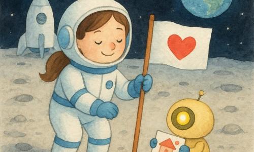 Una piloto sonriente y serena de rostro redondo, piel clara y coleta castaña, con un traje espacial blanco y azul planta un pequeño banderín con un corazón rojo en el suelo gris de la Luna; a su lado hay un robot compañero pequeño y redondo, amarillo pálido, con un ojo luminoso que ofrece una caja con una mini pila solar en forma de sol. El suelo es polvoriento y gris claro con cráteres suaves y piedras redondeadas; en la distancia una lanzadera blanca y compacta está posada con la escotilla abierta y huellas que llevan a ella. Cielo negro profundo salpicado de estrellas y la Tierra azul y blanca brillante en el horizonte. Escena calma y tierna, la mujer deja también una carta pequeña con un dibujo de casa y un corazón, ambiente suave, colores pastel y texturas delicadas de acuarela.