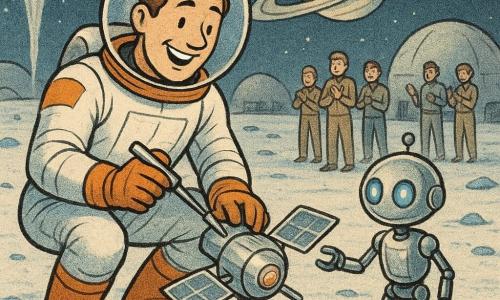 Max, beaming with pride in a white spacesuit with orange details and a transparent helmet under his arm, crouches on Enceladus’s sparkling ice repairing a small shiny satellite with a silver tool while the small chrome assistant robot Lily, with blue LED eyes and a green spotlight, helps to his right, adult engineers near silver dome habitats applaud in the background as geysers spout luminous water columns and Saturn’s rings loom low in a cold, shadowed, wonder-filled scene.