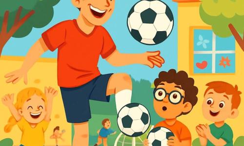 Max, an athletic man with messy brown hair and a big smile radiating joy, is wearing a red football jersey and black shorts. He is juggling a football, surrounded by admiring children. Among them is a 10-year-old girl with braided blonde hair, jumping for joy with her arms raised, and a 9-year-old boy with glasses and curly hair, holding a ball and looking at Max with wide eyes. The scene takes place in a sunny schoolyard, with green trees and colorful drawings on the walls. Children are playing around, and a large goal is set up in the background. Max, enthusiastic, is showing the children how to dribble the ball while they watch in awe, eager to learn and have fun together.
