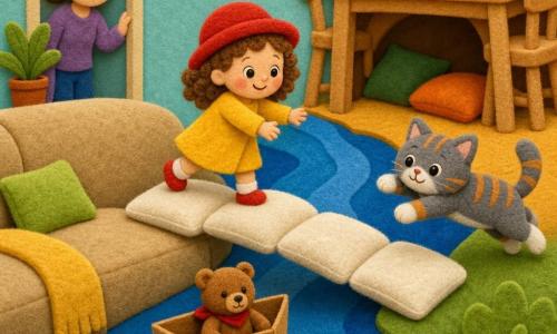 A confident 2-year-old girl with curly brown hair, a red hat and yellow dress holds a cardboard boat while crossing a cushion bridge; a small brown teddy with a brave expression sits in the boat on the blue-rug 