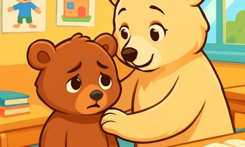 Un pequeño oso marrón, llamado Bruno, con un pelaje suave y ojos redondos y tristes, se encuentra en el centro de la escena, con los hombros ligeramente encorvados, como si llevara una pesada carga. A su lado, su mamá, una hermosa osa de pelaje crema, lo mira con dulzura, sus ojos llenos de comprensión y amor, ofreciéndole un abrazo reconfortante. La escena se desarrolla en un aula luminosa, con paredes pintadas de amarillo y dibujos de niños colgados, escritorios de madera clara y libros coloridos esparcidos sobre las mesas. Al fondo, una gran ventana deja entrar la luz del sol, iluminando el espacio cálido. Bruno, visiblemente preocupado, recuerda las burlas que ha sufrido en la escuela, mientras su mamá lo anima a hablar de sus emociones, creando un momento tierno y reconfortante en medio de los recuerdos difíciles.