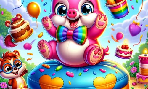 A pink pig with round cheeks and sparkling eyes, wearing a rainbow bow tie, is sitting on a large bouncy cushion. It bursts into laughter, legs in the air, surrounded by colorful cakes and floating balloons. Next to it, a small mole with brown fur and round glasses smiles while holding a heart-shaped balloon, while a clever fox with red fur and mischievous eyes juggles jelly cups. They are in a sunny garden filled with bright flowers and colorful garlands, with a clear blue sky in the background. The scene shows the pig joyfully leaping into the air, ready to land on the cushion, while its friends laugh and cheer, creating a festive and lively atmosphere.