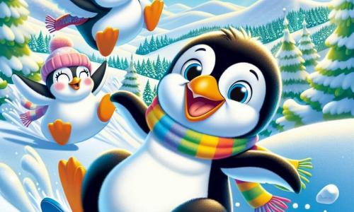 Un pinguin numit Pingo, cu o blană albă strălucitoare și un nas portocaliu, alunecă cu bucurie pe o pantă acoperită de zăpadă, cu fața plină de fericire. Poartă o eșarfă colorată care flutură în vânt. Lângă el, Fluffy, un alt pinguin cu blană moale, sare în aer, pregătit să aterizeze pe zăpadă, arătându-și entuziasmul. În fundal, Spike, un pinguin cu un aspect determinat, alunecă cu încredere, dar pare surprins când se împiedică de o movilă de zăpadă. Locul este un vârf de munte frumos, cu pante strălucitoare, brazi verzi și un cer albastru cu nori pufoși, creând o atmosferă veselă. Situația principală îi arată pe Pingo și Fluffy sărind împreună pe zăpadă, râzând, în timp ce Spike, în fundal, își pierde echilibrul, ilustrând spiritul de camaraderie și aventură care îi unește în această competiție prietenoasă.