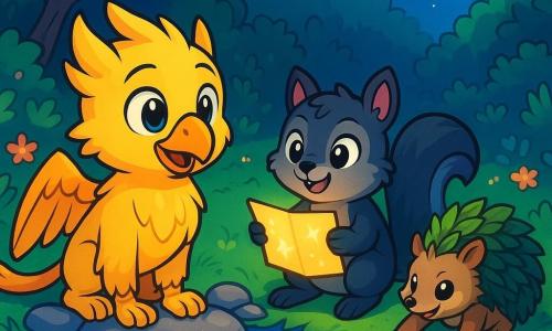 A young griffin named Pippin, with golden feathers and sparkling curious eyes, stands at the edge of a shimmering river, his expression a mix of wonder and determination. He gazes fascinated at the reflections of stars in the water, his small paws resting on smooth, shiny stones. Beside him, a little fox-squirrel named Mira, with black and silver fur, smiles mischievously, holding a glowing map between her paws. She appears joyful and full of energy, ready to guide Pippin on their adventure. A little further away, a hedgehog named Bramble, with a back covered in leaves and mischievous eyes, watches carefully, his small paws resting on a shiny button he found. The setting is an enchanted glade, surrounded by lush hedges and vibrant flowers, where moonlight filters through the branches, creating dancing shadows on the ground. The deep blue river gently winds, reflecting the stars like diamonds. The main scene shows Pippin and his friends preparing to cross the river, with bursts of light and bright colors illustrating their excitement and courage in the face of the unknown.