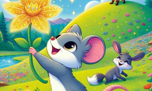 Remy, un piccolo ratto dagli occhi neri scintillanti e dal pelo grigio lucente, si trova in cima a una collina verde, con il vento che solleva delicatamente le sue piccole orecchie. Sorride ampiamente, pieno di gioia e orgoglio, tenendo tra le zampe un magnifico Fiore della Saggezza dai petali dorati che brillano al sole. Accanto a lui, Violetta, una volpe astuta dal pelo rosso, lo guarda con ammirazione, mentre Benny, un coniglio dalle grandi orecchie bianche, salta di gioia. Il paesaggio circostante è incantevole, con fiori colorati sparsi sulla collina, stelle scintillanti nel cielo blu e un ruscello che scorre in basso. La scena principale mostra Remy e i suoi amici che celebrano la loro vittoria dopo aver trovato il Fiore della Saggezza, simbolo di amicizia e coraggio, circondati dalla bellezza magica del giardino.