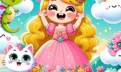 Princess Lily, a young girl with long golden hair and sparkling joyful eyes, wears a pink dress adorned with colorful flowers. She is laughing heartily, hidden behind a large fluffy cloud, with a radiant smile on her face. Beside her, Whiskers, her big white cat with bright green eyes, is cuddled up against her, ears perked up, ready to pounce. Nearby is Sparky, a small dragon with shiny green scales and a funny tail, looking for his princess with an amused expression, his tiny wings spread out. The scene takes place on top of an enchanted mountain, surrounded by soft clouds and vibrant magical flowers, with a clear blue sky and a shining golden sun. The main situation shows Princess Lily playing hide and seek with Sparky the dragon, while Whiskers snuggles beside her, all three immersed in a moment of pure happiness and laughter.