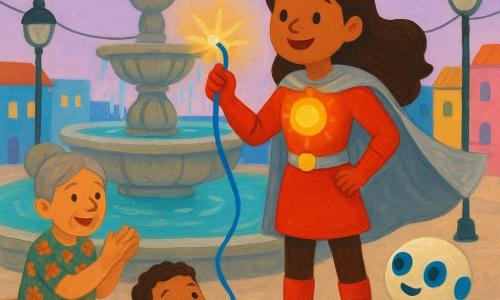 Uma heroína sorridente e determinada, Capitã Estela-Flash, alta com capa prateada e botas vermelhas, tem um círculo luminoso amarelo-alaranjado no peito que pulsa enquanto reconecta um fio azul com um pequeno raio na ponta do dedo; ao lado, Pingo, um robô de limpeza redondo branco-queimado com manchas azuis e olhos LED, aponta uma pinça para o fio; um bebê de ~1 ano, cabelos curtos e encaracolados, sentado num banco de madeira ri e bate palmas, e uma senhora idosa de ~70 anos com cabelo grisalho preso e vestido florido aplaude junto a um poste apagado; a cena ocorre na Praça do Sorriso, com grande fonte de pedra e água turquesa, postes redondos cujos fios ficam visíveis, prédios baixos azuis e rosa ao redor e pequenas naves brancas em forma de peixe no céu lavanda; a Capitã Estela reconecta o fio enquanto seu círculo projeta raios quentes e suaves que acendem as lâmpadas uma a uma com pequenos 