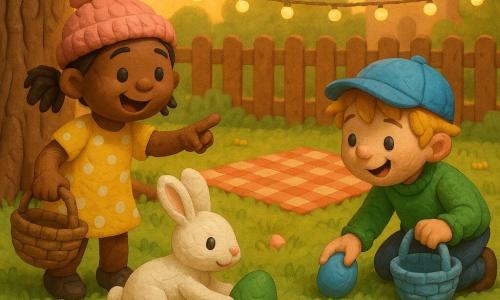 Three characters in a family garden at sunset: Anna, 5, brown hair in pigtails, pink pompom hat, yellow polka-dot dress, holding a small woven basket in her right hand at the left near a large oak, happily pointing at a red egg at the tree’s base; Sam, 4, blond messy hair, blue cap, green sweater, holding a light-blue basket at the right, crouched by a small rounded rock, picking up a blue egg and smiling; a white rabbit with modeling-clay textured fur and shiny black eyes in the center, nudging a green egg toward Anna. The scene shows layered textured green grass, the oak with visible roots, a red-and-white check blanket on the grass, string lights between the oak and a wooden fence, a blurred pastel house in the background, and scattered red, blue, yellow, and pink eggs, with soft laughing expressions and a warm, calm late-afternoon atmosphere.