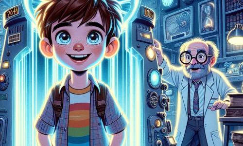 Um garoto de 12 anos, Lucas, com cabelos castanhos bagunçados e olhos brilhantes de curiosidade, está no centro da imagem, maravilhado diante de uma máquina do tempo futurista. Ele usa uma camiseta colorida e um short, com um sorriso de empolgação no rosto. À sua direita, seu tio Max, um homem de cerca de 40 anos com óculos redondos e uma barba levemente desgrenhada, ajusta botões na máquina, com uma expressão concentrada e entusiasmada. O fundo mostra um laboratório cheio de ferramentas científicas, livros antigos e telas brilhantes, com prateleiras carregadas de invenções estranhas. A luz da máquina do tempo brilha com um tom azulado, criando uma atmosfera mágica e intrigante. A cena principal mostra Lucas, pronto para ativar a máquina, enquanto uma luz radiante começa a envolvê-lo, simbolizando o início de sua viagem no tempo.