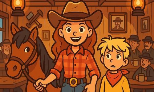 Ava, een dappere jonge cowgirl, staat in het midden van de Gouden Saloon met een grote vastberaden glimlach op haar gezicht. Ze draagt een leren cowgirlhoed, een rood geruit shirt en een versleten spijkerbroek, en ze houdt de teugels van haar paard, Bliksem, een prachtig bruin paard met een glanzende manen. Naast haar staat Billy, een 12-jarig jongen met rommelig blond haar en een rode bandana om zijn nek, die om zich heen kijkt met een bezorgde uitdrukking.

De Gouden Saloon is versierd met verouderd hout, met lantaarns die aan het plafond hangen en eiken tafels waar klanten zachtjes praten. De muren zijn versierd met souvenirs uit het Westen, zoals pikhouweels en foto's van legendarische cowboys.

Ava en Billy zijn klaar om het mysterie van de diefstal van de waardevolle gouden hoefijzer op te lossen, omringd door een sfeer van spanning en opwinding. De klanten van de saloon kijken hen nieuwsgierig en bezorgd aan terwijl Ava het woord neemt om om aanwijzingen over de dief te vragen.