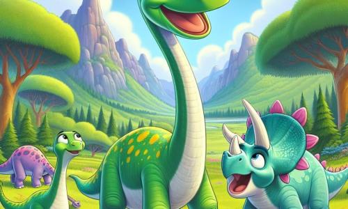 Un diplodocus numit Dippy, cu un gât lung și o piele verde cu pete galbene, se află în centrul scenei, afișând o expresie de curaj și determinare. Ochii săi mari și rotunzi strălucesc de emoție în timp ce își ridică gâtul spre cer, pregătit să-și apere familia. Lângă el, Sally, un stegosaurus cu plăci dorsale roz și ochi strălucitori, îl privește cu admirație, gata să-l susțină. Mai departe, Rosie, un triceratops cu trei coarne pe frunte și o piele de un albastru deschis, stă ferm, afișând o atitudine protectoare, pregătită să se alăture cercului de apărare. Scena se desfășoară într-o vale verde, înconjurată de munți majestuoși, unde copacii mari cu frunze luxuriante se leagănă ușor în vânt. Solul este presărat cu flori colorate, adăugând o notă de magie mediului. Situația principală arată cum Dippy și prietenii săi formează un cerc protector, ridicându-și gâturile și capetele cu bravură, în timp ce un Tyrannosaurus rex amenințător se apropie, intrigat de curajul lor. Dinozaurii, uniți și determinați, demonstrează că împreună pot depăși orice obstacol.