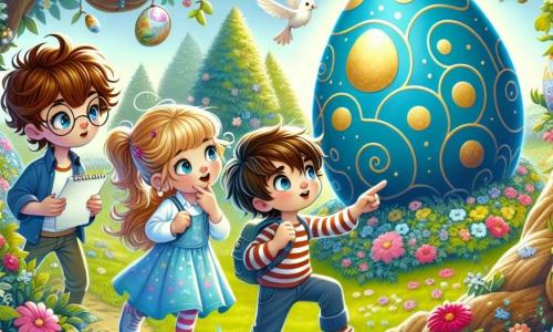 En un parque en flor, tres niños están reunidos: Lucas, un niño de seis años con cabello castaño y ojos brillantes, sostiene un gran huevo de Pascua azul brillante con manchas doradas. A su derecha, Marta, una niña con cabello rubio y trenzas, sonríe señalando un árbol con hojas en espiral, su rostro iluminado por la emoción. A la izquierda, Pedro, un niño de cabello castaño y gafas redondas, observa una nota colgada de una rama, con aire pensativo. El parque está lleno de flores coloridas, grandes árboles verdes y un cielo azul claro salpicado de nubes blancas y esponjosas. A lo lejos, un jardín de margaritas mágicas danza suavemente al ritmo del viento, creando una atmósfera encantada. Los niños descubren un huevo de Pascua gigante y siguen pistas misteriosas para resolver un enigma, llevándolos a un jardín mágico donde las flores cantan.