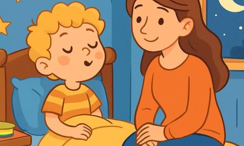 Een 6-jarig jongetje genaamd Finn, met blond, krullend haar en grote, nieuwsgierige ogen, zit op zijn bed. Hij heeft een serene glimlach op zijn gezicht, zijn wangen zijn lichtroze, terwijl hij zijn ogen sluit en diep inademt, klaar om in een wereld van dromen te duiken. Naast hem zit zijn moeder, een vriendelijke vrouw van ongeveer 30 jaar met lang kastanjebruin haar, op de rand van het bed, met een welwillende blik. Ze draagt een comfortabele trui en kijkt Finn met genegenheid aan, haar handen op haar knieën. De scène speelt zich af in een warme kamer met lichtblauwe muren, gouden sterren aan het plafond en een groot raam dat het maanlicht binnenlaat, dat de kamer zachtjes verlicht. Een klein houten bureau is gevuld met boeken en speelgoed ligt verspreid over de vloer. Finn ademt diep in, omringd door een vredige sfeer, terwijl een zacht licht van het raam een magische ambiance creëert. De kamer straalt rust en sereniteit uit, uitnodigend tot ontspanning en betoverende dromen.