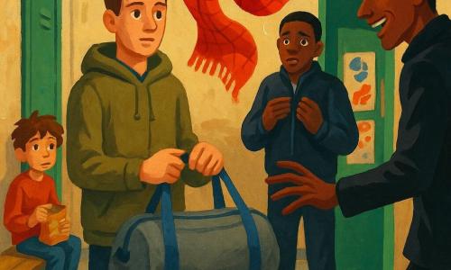 Milo, jonge volwassene met fijn gezicht en geconcentreerde blik, kort bruin haar, kaki jas met capuchon, staat recht in het midden en houdt een grijze sporttas met blauwe band; Daan, ±16 jaar, lang en gespierd, gespannen gezicht en vochtige ogen, donkere sportjas staat in de deur van de kleedkamer met de handen bij de borst; Sem, ±11 jaar, klein met warrig haar, nieuwsgierige maar bezorgde blik, zit iets achteraan op een houten bank en houdt een gekreukeld zakje chips; de antagonist, ±30 jaar, slank met uitgesproken kaak en te gladde glimlach, donkere jas, reikt naar de sporttas en zet een stap achteruit, half in de schaduw, verraste blik; sleutelobject: roodoranje zijden sjaal met zwarte ruit valt naar de grond, glanzende textuur en een klein zilverdraad aan een hoek; locatie: hal van het buurtcentrum met versleten beige muren, grijze linoleumvloer met moddersporen, groene metalen kleedkamerv deur en warm fluorescent licht; hoofdgebeurtenis: dramatisch moment waarin Milo de sporttas onthult en de sjaal valt terwijl de antagonist terugdeinst, centrale compositie en kruisende blikken met zichtbare spanning, contrasterende kleuren zodat de sjaal opvalt.