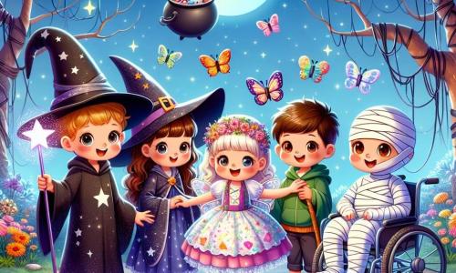 In una radura incantata, cinque bambini si trovano insieme, illuminati dalla dolce luce della luna. Marco, un ragazzo di 8 anni, indossa un grande cappello da stregone nero e una veste stellata, tenendo una bacchetta magica scintillante. Accanto a lui, Sara, una ragazza di 7 anni, è travestita da farfalla con ali colorate che brillano sotto la luna. Luca, un ragazzo di 9 anni, è avvolto in bende bianche, assomigliando a una mummia, con un grande sorriso sul volto. Giulia, una ragazza di 8 anni in sedia a rotelle, indossa un costume da strega con un cappello a punta, radiosa di gioia. Infine, Pippo, un piccolo fantasma amichevole, fluttua sopra di loro, con un volto sorridente e occhi scintillanti. La radura è circondata da alberi dai tronchi contorti, le cui foglie brillano come stelle. Fiori colorati danzano dolcemente nel vento, e un grande calderone nero, pieno di caramelle, si trova al centro, emettendo un bagliore magico. I bambini, riuniti attorno al calderone, si preparano a pronunciare insieme la parola magica "Amicizia" per aprire il calderone e scoprire i tesori dolci che contiene, superando le loro paure e celebrando l'amicizia.