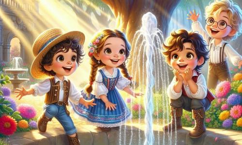 In un magnifico giardino magico, quattro bambini si trovano attorno a una fontana scintillante. Marco, un ragazzo di 10 anni con capelli ricci e un sorriso splendente, guarda con meraviglia l'acqua che zampilla. Elena, una ragazza di 9 anni con grandi occhi brillanti e trecce dorate, è accovacciata vicino alla fontana, ascoltando attentamente il mormorio dell'acqua. Luca, un ragazzo di 8 anni con occhiali tondi e un cappello di paglia, ride facendo gesti comici. Sofia, una ragazza di 9 anni con capelli lunghi e neri, è seduta su una pietra con un libro aperto, guardando i suoi amici con un sorriso sognante. Il giardino è pieno di fiori colorati, alberi maestosi e una luce soffusa che crea un'atmosfera incantevole. I bambini discutono gioiosamente dei misteri della vita, ascoltando le storie che la fontana sembra sussurrare.