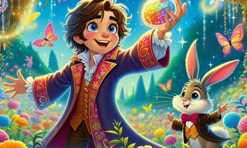 Filiberto, un giovane stregone dai capelli arruffati e con un grande vestito colorato, si trova al centro di un giardino incantato, il suo volto illuminato da un sorriso meravigliato. Tiene in mano una bottiglia brillante, pronto a versare una pozione magica su fiori colorati che danzano gioiosamente intorno a lui. Accanto a lui, il Signor Saltellante, un elegante coniglietto che indossa un cilindro, osserva con occhi scintillanti di curiosità, le sue piccole zampe alzate come se fosse pronto a saltare di gioia. Il giardino è un luogo fatato, pieno di fiori splendido di tutti i colori, farfalle che svolazzano nell'aria e alberi maestosi con foglie scintillanti. In fondo, un cielo azzurro chiaro illumina la scena, creando un'atmosfera gioiosa e magica. La scena principale mostra Filiberto che versa la pozione sui fiori, mentre si preparano a trasformarsi in magnifici fiori che, sebbene non danzino più, sembrano vibrare di una nuova vita.