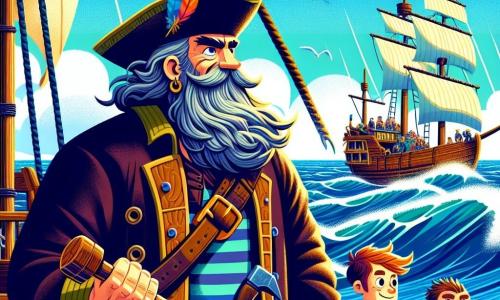 Een man, Kapitein Stormbaard, staat trots op het dek van zijn schip, De Donderkrab. Hij heeft een lange grijze baard die in de wind waait, en zijn ogen stralen van opwinding en vastberadenheid. Hij draagt een piratenhoed met een kleurrijke veer en een versleten leren mantel. Naast hem slaat een jonge man, Hamerhand, ongeveer 25 jaar oud, met een grote hamer op een plank, met zichtbare spieren en een geconcentreerd gezicht. Verderop roert Grommante Gijs, de kok, een corpulente man van ongeveer 40 jaar, in een grote pan soep, met een vlekken schort en een joviale uitdrukking.

De achtergrond toont een uitgestekte blauwe oceaan onder een zonnige lucht, met glinsterende golven en meeuwen die boven hen vliegen. Het schip is van hout, met witte zeilen en een zwarte vlag die in de wind wappert.

De belangrijkste situatie laat Kapitein Stormbaard zien die een oude schatkaart ontdekt, zijn gezicht verlicht door opwinding, terwijl de zee om hen heen lijkt te trillen van avontuur en mysterie.