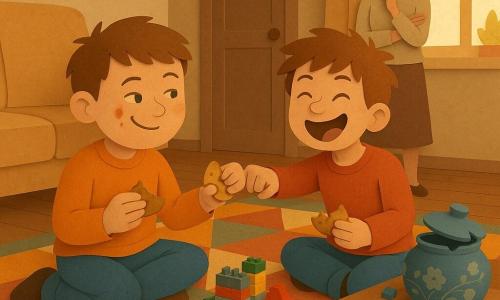 Due ragazzi di 10 anni, gemelli: uno dal viso rotondo con macchie di cioccolato sulla guancia e sorriso furbo che tiene mezza frolla, l'altro con capelli scompigliati che ride e porge l'altra metà per un cinque; seduti su un tappeto colorato. Una madre di circa 35 anni sullo sfondo vicino alla porta della cucina, sguardo affettuoso e gesto per dire «shh». Un piccolo drago Lego verde e rosso con un'ala di carta rotta giace tra loro come compagno. Il salotto è caldo e accogliente, tavolino con mattoncini Lego e un vaso di biscotti in ceramica rotto, divano beige e luce soffusa; i fratelli condividono l'ultimo biscotto tra risa e briciole in un'atmosfera giocosa.