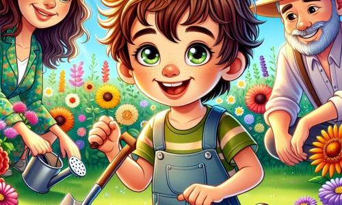 Ein 8-jähriger Junge, Max, mit zerzausten kastanienbraunen Haaren und neugierigen, funkelnden Augen sitzt in einem sonnigen Garten, umgeben von bunten Blumen, die er mit seinen Eltern gepflanzt hat. Er hat ein großes Lächeln im Gesicht, das seine Freude und Begeisterung zeigt, während er eine kleine Schaufel in einer Hand hält. Seine Mama, eine Frau in ihren Dreißigern mit langen, lockigen Haaren, trägt ein buntes T-Shirt und eine Gartenhose und steht neben ihm, um ihm zu zeigen, wie man die Pflanzen gießt. Sie hat einen sanften und ermutigenden Blick. Sein Papa, ein Mann in seinen Dreißigern mit einem leichten Bart und einem Gartenhut, hockt etwas weiter weg und bereitet mit einer Schaufel ein neues Stück Erde vor. Er lächelt, während er Max ansieht, was seinen Stolz und seine Unterstützung zeigt. Der Garten ist voller leuchtender Blumen in allen Farben, Schmetterlinge fliegen herum, und der Himmel ist hellblau mit ein paar flauschigen weißen Wolken. Die Szene strahlt eine Atmosphäre von familiärem Glück und Verbundenheit aus. Max, seine Mama und sein Papa arbeiten zusammen und teilen einen kostbaren Moment der Freude und des Lernens in ihrem neuen Garten.