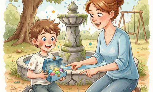 An 8-year-old boy, excited and wide-eyed with tousled brown hair and slightly dirty cheeks, holds an open small blue wooden box, smiling in surprise at sparkling colorful stones inside; his mother, about 30–40 with chestnut hair in a bun and a gentle smile, crouches to his right with one hand on his shoulder and the other pointing to the box; they stand in a sunny neighborhood park with bare earth and wild grass, an old cracked moss-covered stone fountain at the center, a wooden swing and a large twisted oak in the background; the box is lifted from the dirt with a rusty key beside it and polished bright stones (red, green, blue, yellow) glinting in the light, warm atmosphere and visible textures of wood, stone and moss.