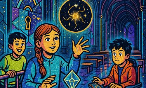 Three characters: Lina, 12, light chestnut braided hair, curious eyes, blue jacket with silver threads, standing center before a crystal console reaching toward a floating black glittering sphere; Jory, 12, short dark hair, mischievous smile, lime-green sweater, left of Lina clinging to a railing and gazing at suspended sail-screens; Tom, 12, tousled black hair, in a compact wheelchair with lanterns, rust jacket, right of Lina tapping a touch panel. They are inside a vast cathedral-ship with long nave, polished metal arches, fixed benches, shiny mosaic floor and large sail-screens like modern stained glass showing star charts; drone-chandelier above and neon turquoise, violet and gold light on dark stone veined with luminous circuits. The three children and an off-frame captain gather around a Chorus Core — a black sphere with golden electrical filaments suspended above a crystal altar — while the screens project an arch of light and an eye-key symbol; tense but benevolent atmosphere, saturated pop colors, strong contrasts, crisp graphic details.