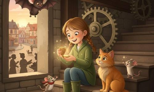 A smiling 6-year-old girl named Franc with light brown pigtails, wearing a green jacket and green rubber boots, kneels on the worn stone belfry steps holding a small heart-shaped locket that emits a soft golden glow; an orange fluffy cat named Milo sits to her right with its tail curled around her leg watching the light, a light-gray mouse boy called Tock perches on a clock gear behind her looking down as if to help open the box, a tiny mouse girl named Pip with a red scarf stands on a nearby step reaching joyfully toward the locket, and a bat named Bitty hangs folded from the wooden belfry ceiling calmly observing; the old belfry features wide worn stone steps, dark wooden beams, shiny metal gears and an open window overlooking the village square with a distant bakery and colorful houses, and at sunrise the warm golden light from the locket casts a soft halo lighting faces while villagers in the square smile and share small offerings (bread, toys), creating a benevolent, magical atmosphere in a warm color palette (gold, amber, pale pink) with soft contrasts and textured gradients.