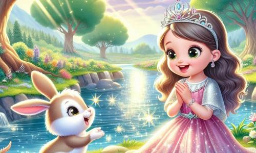 Princess Lily, an 8-year-old girl, wears a sparkling pink dress and a silver crown. With sparkling eyes and a radiant smile, she kneels by the Magic River, hands clasped to make a wish. Beside her, Benny the Bunny, an adorable rabbit with big ears and white fur, looks at her with admiration, sitting on his hind legs, excited to make a wish too. The scene unfolds by a shimmering river, surrounded by majestic trees with vibrant green leaves and colorful flowers swaying in the breeze. Sunlight filters through the branches, creating glimmers on the water. The main focus is on Princess Lily and Benny the Bunny, united in a magical moment as they wish for a happy future for their enchanted forest.