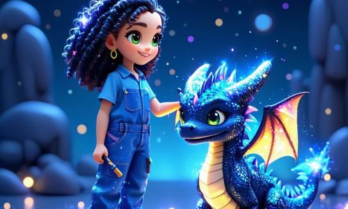 Zara Starshine, a young woman with curly night-colored hair and sparkling green eyes, stands on a shimmering stardust floor. She wears a shiny blue jumpsuit and holds a magical tool, displaying a determined and joyful smile, ready to create something wonderful. Beside her, Spark, a small dragon with color-changing scales, joyfully flies around her, leaving trails of golden glitter with his shimmering wings. Nearby, Zog, a three-eyed alien with an orange nose, watches in awe, his arms full of colorful decorations for the festival. His expression is one of excitement and joy as he prepares to help his new friends. The setting features the giant Crystal Comet, illuminated by twinkling stars and surrounded by colorful planets. The ground is dotted with bright crystals and luminescent flowers, creating a magical and festive atmosphere. The main scene shows Zara, Spark, and Zog joyfully collaborating to organize the Stardust Festival, with bursts of light and color dancing around them, symbolizing the friendship and magic that unite their galaxy.