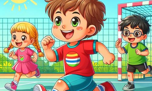 Un niño de 2 años, con cabello castaño desordenado y una gran sonrisa, corre alegremente en una cancha de balonmano. Lleva una camiseta roja brillante y un pantalón corto azul, con ojos que brillan de emoción. Junto a él, una niña de 3 años, con trenzas rubias y un vestido rosa, lo anima levantando los brazos. Tiene una sonrisa radiante y usa zapatillas blancas. Un niño de 4 años, con cabello negro y gafas, está driblando el balón, concentrado y decidido. Lleva una camiseta verde y pantalones cortos negros. La cancha de balonmano está rodeada de muros coloridos, con líneas blancas en el suelo. El sol brilla en un cielo azul y árboles verdes se alzan al fondo, añadiendo un toque de naturaleza a la escena. La situación principal muestra al niño corriendo hacia sus amigos, todos juntos, listos para marcar un gol, llenos de alegría y energía, ilustrando el espíritu de equipo y el placer del deporte.