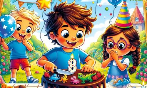 Um menino de 8 anos, Lucas, com cabelos castanhos bagunçados e um grande sorriso no rosto, está no centro da cena, segurando um enorme bolo de chocolate decorado com pequenos dinossauros de açúcar. Ele veste uma camiseta azul vibrante e um short vermelho, e seus olhos brilham de excitação e alegria. À sua direita, Maria, uma menina de 7 anos com cabelos longos e loiros trançados, ri segurando um balão em forma de estrela, enquanto à sua esquerda, João, um menino de 8 anos com óculos redondos e cabelos negros, tenta inflar um balão, soprando com determinação. A cena acontece em um jardim ensolarado, cheio de balões coloridos flutuando no ar, com guirlandas festivas penduradas nas árvores e um grande tapete de grama verde onde as crianças brincam. A situação principal mostra Lucas cortando seu bolo de aniversário, cercado por seus amigos que se divertem tentando pegar mini-dinossauros escondidos dentro do bolo, enquanto risadas e gritos de alegria ecoam no ar.