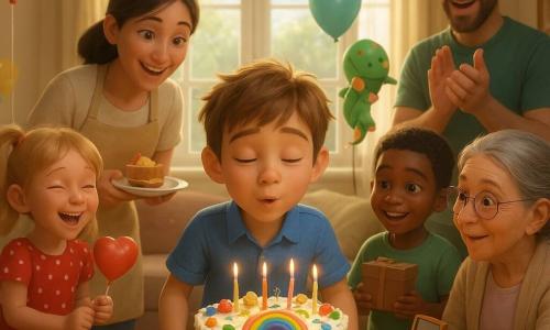 Um menino de 8 anos, sorridente e emocionado, cabelo castanho claro desgrenhado e olhos avelã, veste camisa azul e bermuda com bolsos e sopra as velas de um bolo redondo decorado com estrelas e confeitos coloridos; à sua esquerda, a irmã Leonor, cerca de 6 anos, cabelos loiros em duas tranças e vestido vermelho às bolinhas brancas, ri a saltitar e segura um pequeno balão em forma de coração; a mãe, cerca de 35 anos, cabelos castanhos presos e avental leve, sorri inclinada sobre a mesa segurando um prato com fatias de bolo; o pai, cerca de 36 anos, de barba rala e camiseta verde, aplaude perto da porta; a avó, cerca de 65 anos, cabelos grisalhos em coque, sentada, oferece um pequeno estojo com espelho; três amigos da mesma idade — Inês com um chapéu engraçado, David com uma caixinha misteriosa e Margarida com um balão de dragão — estão ao redor sorrindo; a sala é luminosa, decorada com guirlandas, balões e confetes, com uma grande janela e um tapete macio sob a mesa; cena principal: momento festivo e caloroso em que a família e amigos aplaudem enquanto o menino apaga as velas e um pequeno espelho brilhante é o presente especial.