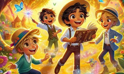 Em uma clareira encantada, quatro meninos estão no centro, cercados por flores coloridas e árvores com folhas cintilantes. Tico, um garoto de nove anos com cabelo desgrenhado e um grande sorriso, segura um livro de magia, os olhos brilhando de emoção. À sua esquerda, Zé, um menino de óculos redondos e cabelo castanho, ri segurando a barriga, enquanto Beto, um garoto loiro com um chapéu de palha, aponta para uma explosão de cores no ar. Por fim, Léo, um menino de cabelo preto e expressão séria, observa a cena com um sorriso travesso, pronto para lançar um desafio. A clareira é banhada por luz dourada, com raios de sol filtrando através das árvores, iluminando os rostos das crianças. Borboletas multicoloridas voam ao redor, acrescentando um toque de magia à atmosfera. No centro da cena, Tico tenta lançar um feitiço de levitação em uma vassoura, mas ela explode em mil pedaços, criando uma nuvem de poeira colorida que envolve os meninos, fazendo todos rirem.