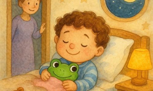 Băiat de 2 ani, zâmbitor și somnoros, cu obraji plinuți și păr castaniu buclat, în pijama în dungi alb‑albastru, ține o broscuță verde strălucitoare cu ochi rotunzi și jucăuși, acoperită cu o mică păturică roz, iar mama sa (aprox. 30 ani, păr șaten prins în coc, rochie lavandă) zâmbește de la ușă; camera copilului are pereți crem cu stele, fereastră rotundă prin care se vede luna, veioză galbenă caldă, covor bej și plușuri; scena principală e o noapte tandră și amuzantă pe un pat din lemn deschis, stil acuarelă pastel cu textură de hârtie și contururi moi, compoziție centrată, plan apropiat și iluminare caldă axată pe chipurile băiatului și broscuței.