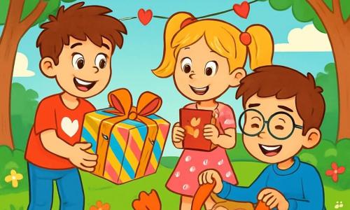 Ci sono 3 personaggi: Marco, un ragazzo di 10 anni con capelli castani disordinati e occhi vivaci, indossa una maglietta rossa con un cuore bianco e jeans blu, tiene un grande pacco regalo decorato con nastri colorati; Giulia, una ragazza di 10 anni con lunghi capelli biondi raccolti in due codini, indossa un vestito rosa a pois bianchi e ballerine, sorride felicemente tenendo un piccolo quaderno rosso con cuori dorati; Luca, un ragazzo di 10 anni con capelli castani e occhiali rotondi, indossa un maglione blu e pantaloni beige, sta aprendo il pacco con un grande sorriso, scoprendo le dolci sorprese all'interno. I tre amici si trovano in un parco soleggiato, circondati da alberi con foglie verdi brillanti e fiori colorati. Festoni di cuori rossi e rosa fluttuano nell'aria, creando un'atmosfera festosa. Sullo sfondo si vede un cielo azzurro chiaro con alcune nuvole bianche e soffici. La scena principale mostra Marco e Giulia che sorprendono Luca con un regalo speciale per San Valentino, mentre risate e sorrisi illuminano i loro volti, con dolci a forma di cuore sparsi attorno a loro, aggiungendo un tocco di magia a questo momento di amicizia e gioia.