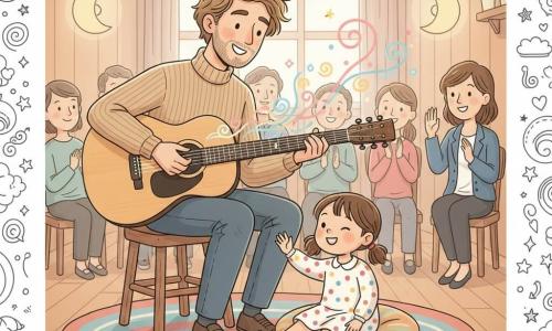 Ein Mann, Jonas, leicht nervös lächelnd sitzt auf einem Hocker und spielt eine glänzende Holzgitarre, eine vierjährige Mia mit Zöpfen in einem gepunkteten Kleid und bunten Socken hockt auf einem großen runden Kissen und legt die Hand auf die Gitarrenkorpus, die etwa 30-jährige Mutter mit zusammengebundenen Haaren und blauer Jacke sitzt vorne rechts und winkt lächelnd, im Hintergrund applaudiert ein kleines Publikum aus weichen Silhouetten auf Holzstühlen; der Raum ist klein und gemütlich mit hellen Holzwänden, Parkettboden, mondähnlichen Hängelampen und rundem Teppich, aus der Gitarre steigen pastellfarbene, skizzierte Schallwellen, Mia kneift vor Staunen ein Auge zu, warme Beleuchtung und intime Atmosphäre.