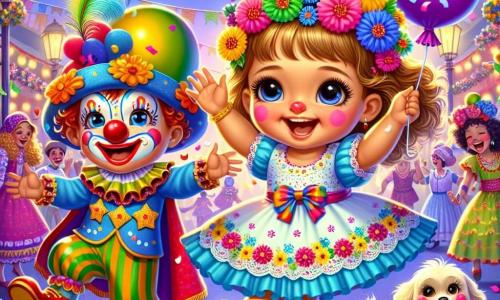 Una niña de 2 años, Luna, con grandes ojos brillantes y una sonrisa radiante, lleva un bonito vestido azul adornado con flores de colores. Baila alegremente, con los brazos levantados, rodeada de confeti multicolor que cae a su alrededor. Junto a ella, un niño de 4 años, un payaso con una gran nariz roja y cabello rizado, hace muecas riendo, sosteniendo un globo en forma de estrella. Un perrito con un sombrero divertido, que parece muy emocionado, salta a su alrededor, moviendo su cola con entusiasmo. El escenario es una calle animada y festiva, llena de decoraciones coloridas, guirnaldas luminosas y gente con trajes brillantes. Flores de papel y plumas flotan en el aire, creando un ambiente alegre. Luna, el payaso y el perrito se divierten juntos, bailando y riendo al ritmo de la música del carnaval, rodeados de risas y colores vivos.