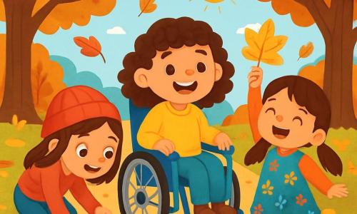 Hay 3 personajes: - Martina: una niña de 8 años con cabello rizado y castaño, sentada en su silla de ruedas, sonriente, usando un suéter amarillo brillante. Ella está en el centro de la imagen, rodeada de sus amigas. - Carmen: una niña de 7 años con un sombrero rojo y cabello liso, que se inclina hacia adelante para recoger una hoja naranja brillante. Ella está a la izquierda de Martina, con los ojos brillantes de curiosidad. - Lucía: una niña de 6 años con largas trenzas y un vestido de flores, sosteniendo una gran hoja amarilla en forma de estrella. Ella está a la derecha de Martina, sonriendo alegremente y levantando la hoja sobre su cabeza. El lugar es un jardín otoñal vibrante, lleno de grandes árboles con hojas doradas, rojas y marrones, con un camino de tierra rodeado de hojas caídas. El cielo es azul claro con algunas nubes blancas, y el sol brilla suavemente, iluminando el paisaje. La situación principal muestra a las tres amigas riendo y jugando juntas, rodeadas de hojas coloridas, buscando tesoros de otoño como castañas y manzanas, mientras comparten historias y risas bajo un gran árbol majestuoso.