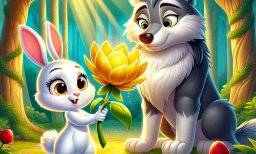 Un pequeño conejo blanco llamado Tito, con grandes orejas y ojos brillantes de curiosidad, se encuentra en el centro de la escena, sosteniendo una hermosa flor de pétalos dorados, con una sonrisa decidida en su rostro. A su lado, un gran lobo de pelaje gris, con ojos brillantes de gratitud y un aire tranquilo, se inclina ligeramente, como si estuviera agradeciendo a Tito. El escenario es un claro encantado, rodeado de majestuosos árboles de hojas verdes brillantes, con rayos de sol filtrándose a través de las ramas, creando sombras danzantes en el suelo cubierto de flores coloridas. La situación principal muestra a Tito, el valiente conejo, ofreciendo la Flor de la Verdad al lobo, simbolizando la transformación y la amistad, en una atmósfera luminosa y cálida, llena de esperanza y magia.