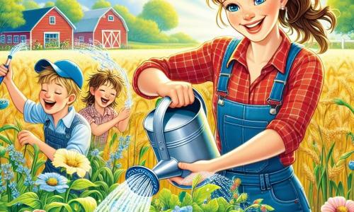 Eine Frau, die Bäuerin Emma, steht im Mittelpunkt des Bildes, lächelnd und voller Energie, mit braunen Haaren, die zu einem Pferdeschwanz gebunden sind. Sie trägt ein rotes karierter Hemd und Jeans, hält eine große Gießkanne und gießt Wasser auf grüne Pflanzen. Neben ihr steht ein zehnjähriger Junge, Max, mit zerzausten blonden Haaren und einer blauen Mütze, der fröhlich Wasser auf die Blumen spritzt und lacht. Die Kulisse ist ein wunderschönes goldenes Weizenfeld, durchsetzt mit bunten Blumen, unter einem strahlend blauen Himmel mit einigen weißen, flauschigen Wolken. In der Ferne sieht man eine rote Scheune und grüne Bäume, die das Feld säumen. Die Hauptszene zeigt Emma und Max, die sich um die durstigen Pflanzen kümmern und den lang ersehnten Regen feiern, während glitzernde Wassertropfen um sie herum fallen und eine fröhliche, lebendige Atmosphäre schaffen.